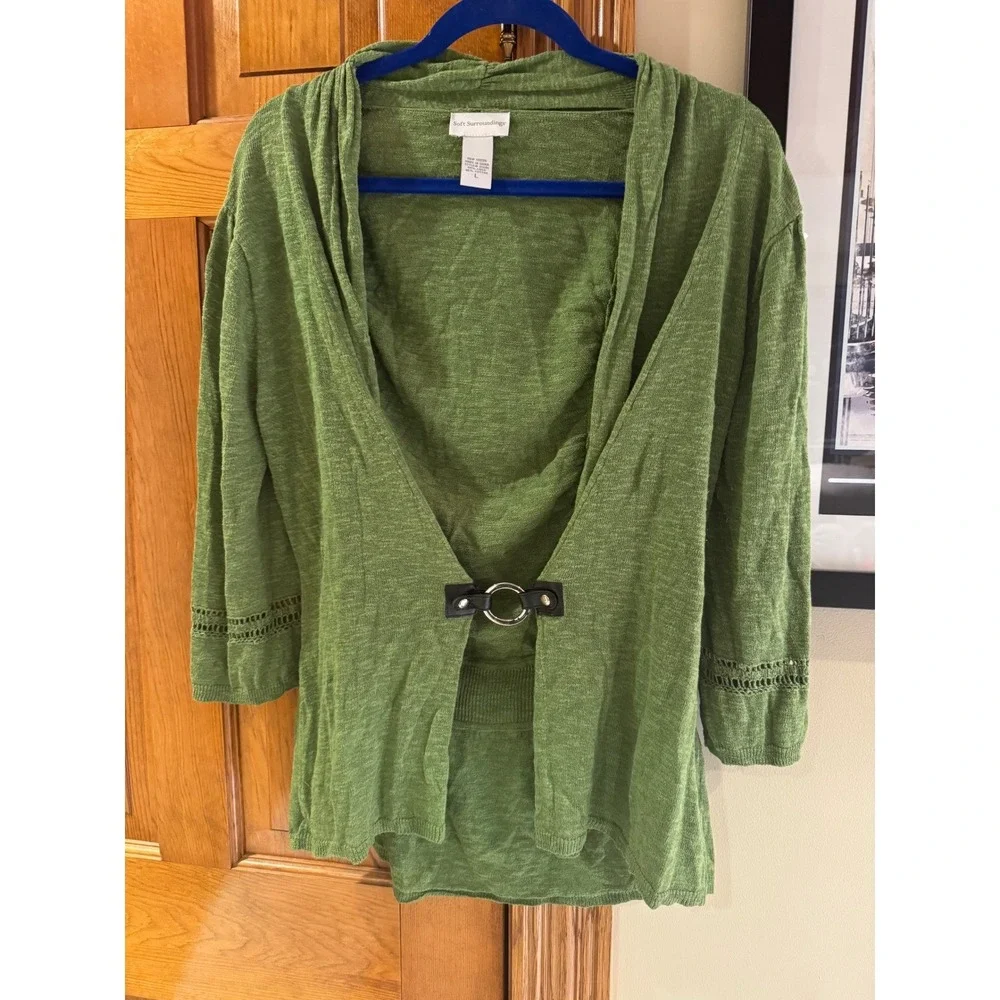 Soft‎ Surroundings Green Linen Blend Open Front Cardigan Sweater with Detail